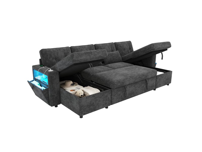  Canapé d'angle en u 4 places 273x131x83 cm avec led, usb et rangement en métal et bois couleur gris, moderne  - Conforama A