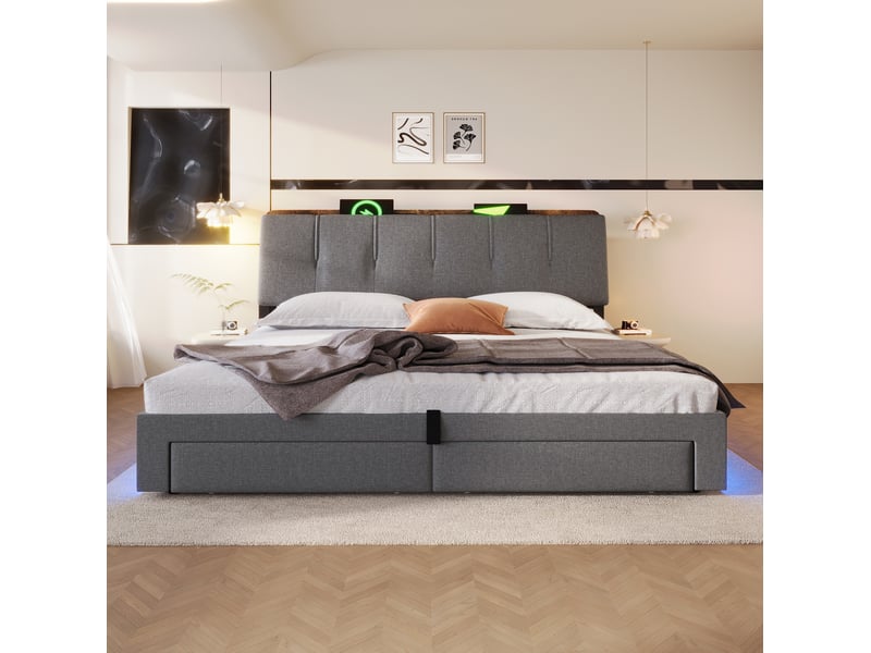  Lit coffre 180x200 cm en lin gris avec led, usb et usb-c  - Conforama E