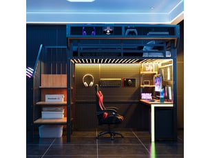Lit mezzanine métal 90 x 200 cm - bureau, étagères et filets de rangement - échelle de sécurité, éclairage led et prise électrique - coloris noir.
