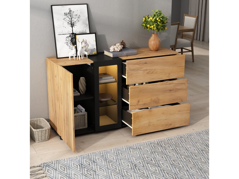  Buffet moderne 140 cm console noir et marron avec led et 3 tiroirs  - Conforama W