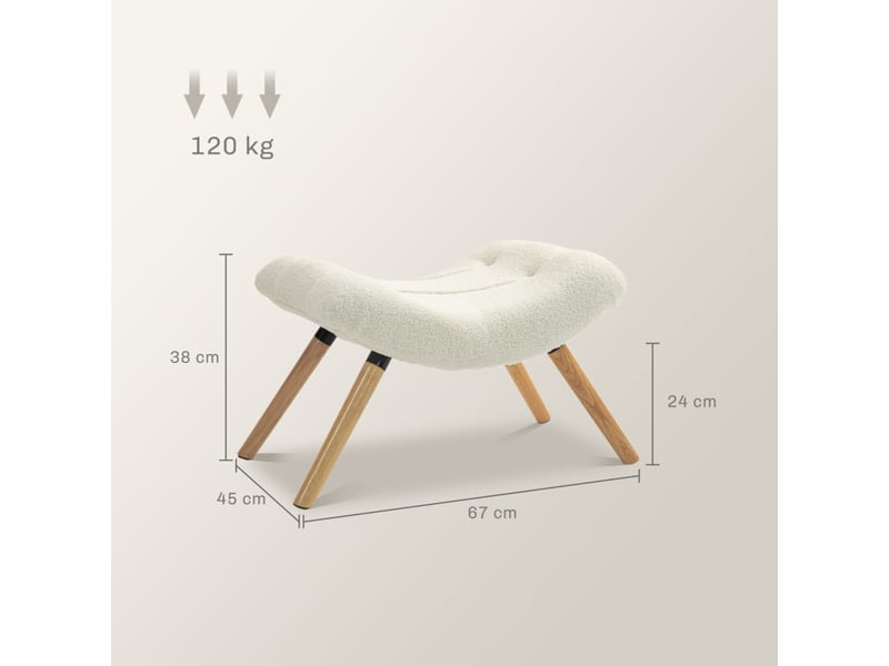 Repose-pied et tabouret rembourré avec assise ergonomique et pieds en hêtre, en tissu bouclette polyester blanc crème - Conforama D