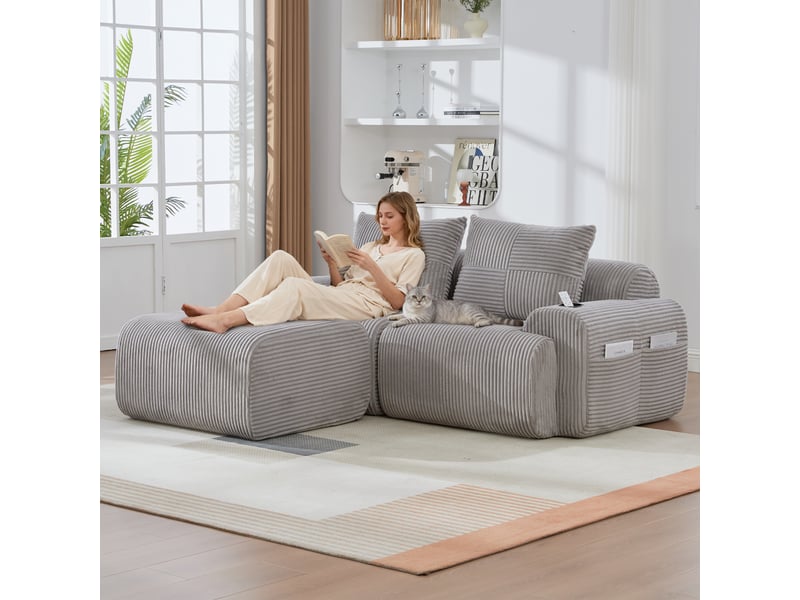  Canapé modulable – canapé de salon, gris clair, porte-gobelets, mobilier pour espace de vie, en velours tricoté  - Conforama R