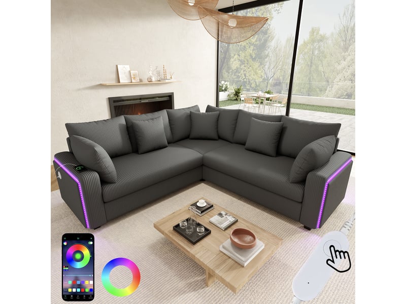  Canapé d'angle l avec éclairage led d'ambiance, port usb, en velours côtelé doux, coussins assortis inclus, design moderne, gris evarich - Conforama B