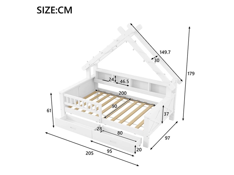 Gutenacht lit cabane en bois 90x200cm avec éclairage led, rangements, tiroirs et garde-corps, blanc  - Conforama E