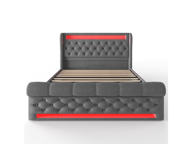  Lit led 160x200 avec matelas, lit coffre velours gris avec rangement hydraulique, ports usbtype-c et design contemporain  - Conforama A