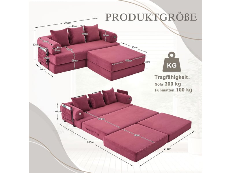  Canapé modulable revêtement côtelé cadre métal stable poche latérale 3 coussins confortables rembourrage extra épais combinaisons libres polyvalence d'utilisation bordeaux  - Conforama C