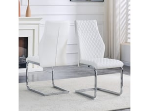Lot de 2 chaises de salle à manger à dossier haut matelassé  - piètement métal, simili cuir blanc et argent