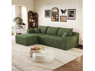 Canapé d'angle 3 places 241 cm en velours côtelé vert, style design sans montage, idéal pour le salon