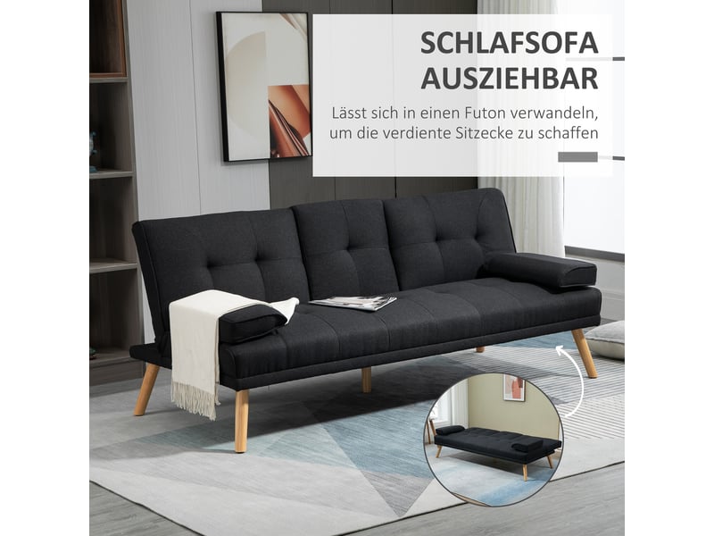 Canapé-lit 3 places scandinave avec tablette rabattable et porte-gobelets, tissu lin gris  - Conforama E