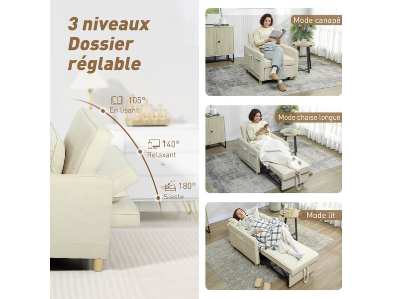 Fauteuil convertible 1 place, fauteuil-lit clic-clac 3 en 1 rembourré en velours grain maïs, dossier réglable, beige - Conforama E