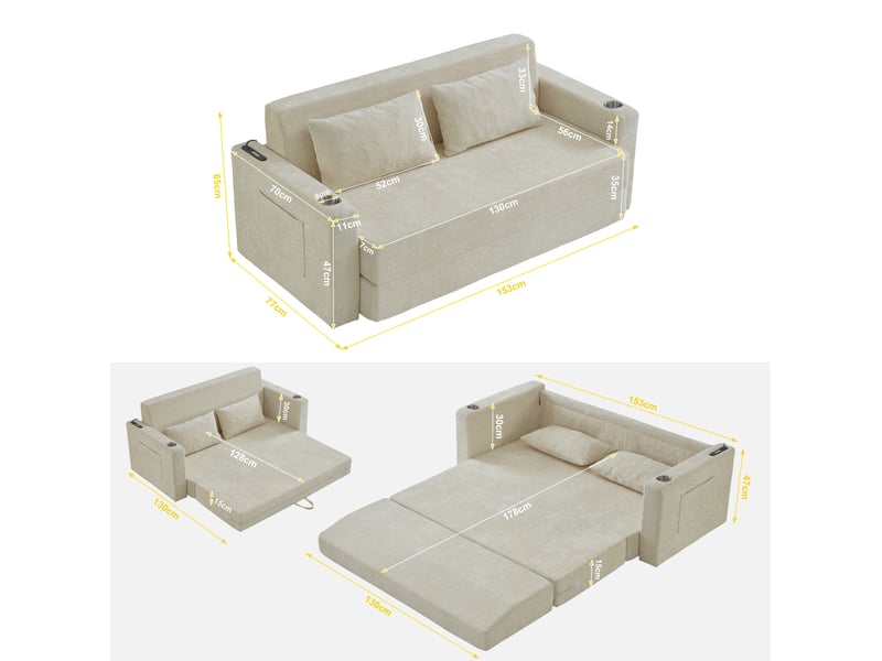 Canapé convertible 2 places pliable avec usb et porte-gobelets, en chenille beige 153 × 77 × 65 cm - Conforama E