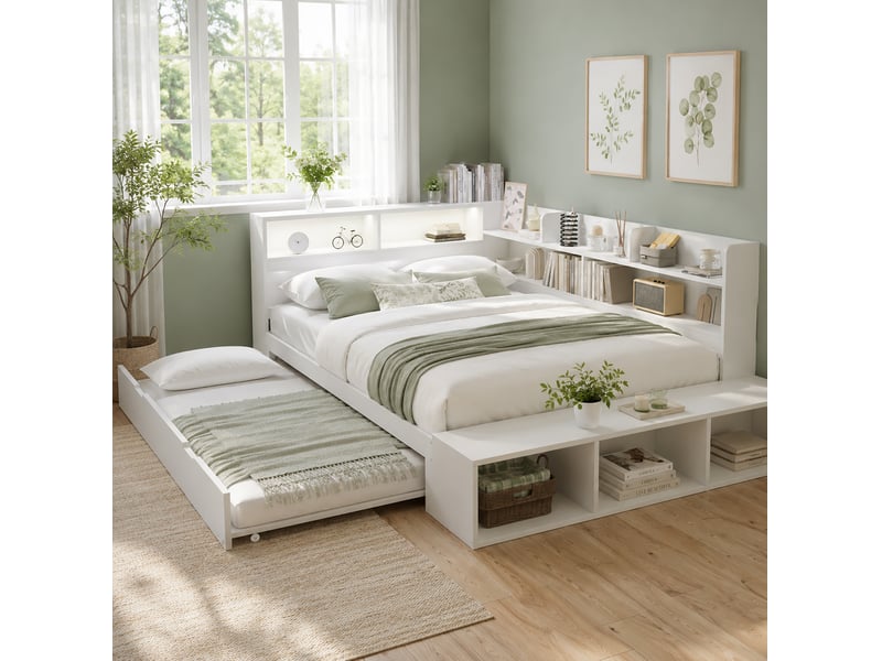 Lit gigogne 120x200 cm blanc avec rangements, banquette et éclairage led - Conforama D