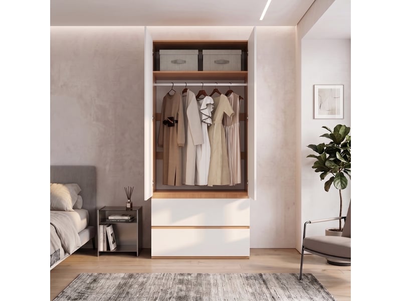  Armoire de chambre - 90x50x200 cm - armoire penderie 2 portes avec 1 barre et 2 tiroirs - blanc et bois  - Conforama D