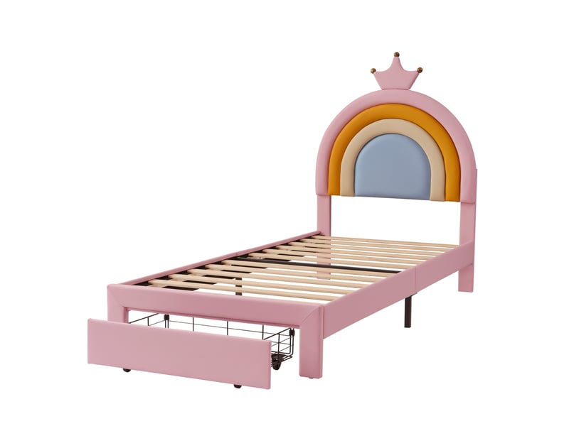  Lit enfant rembourré 90x200 cm avec tiroir et tête de lit réglable, rose, sans matelas  - Conforama E
