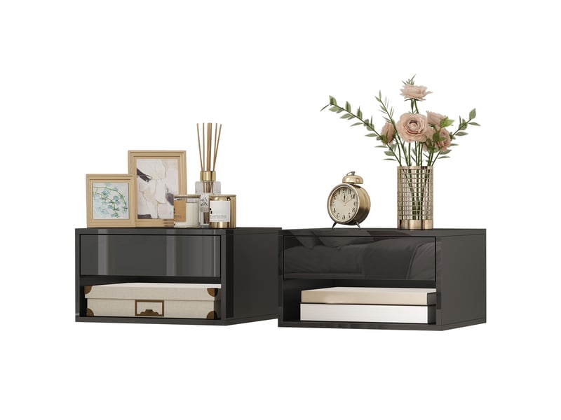  Ensemble de 2 tables de chevet suspendues avec tiroir pour chambre à coucher, 37 x 32 x 21 cm, noir brillant  - Conforama B