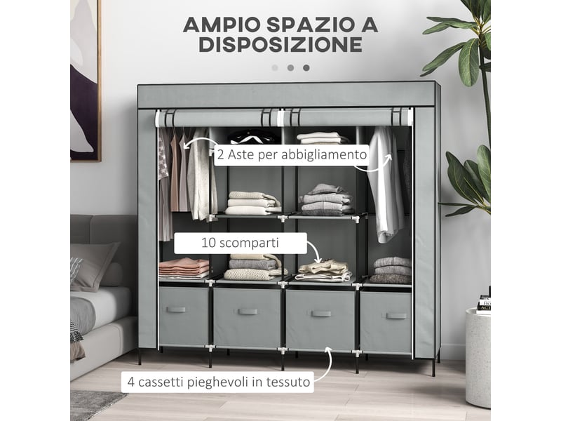  Armoire en tissu, portes, 2 tringles, 10 compartiments, grise  - Conforama E