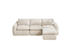 Canapé d'angle modulaire 3 places sans cadre avec ottomane et assise ergonomique, mousse 32d, en chenille beige