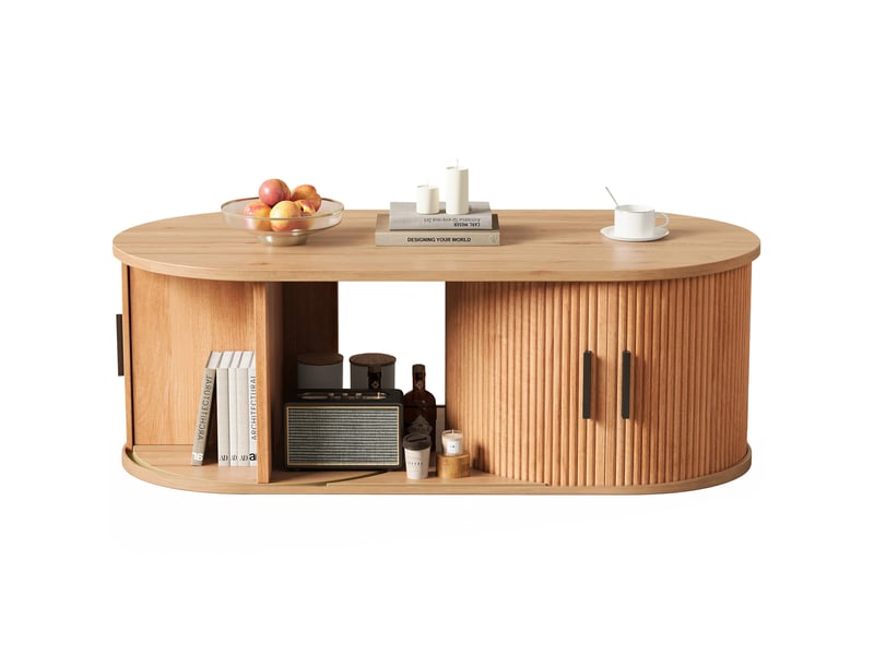Table basse ovale 100x50x33 cm avec rangement modulable, finition bois naturel - Conforama A