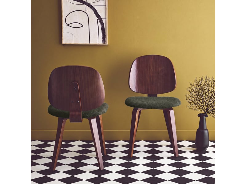  Lot de 2 chaises bois de peuplier courbé placage noyer et bouclette texturée kaki - sophia  - Conforama C