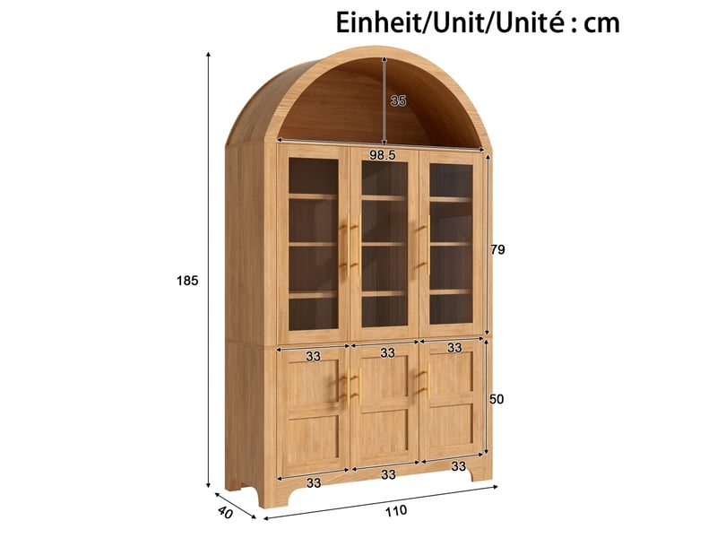  Vitrine 110x40x185 cm naturel avec 3 portes vitrées et 3 portes  - Conforama C