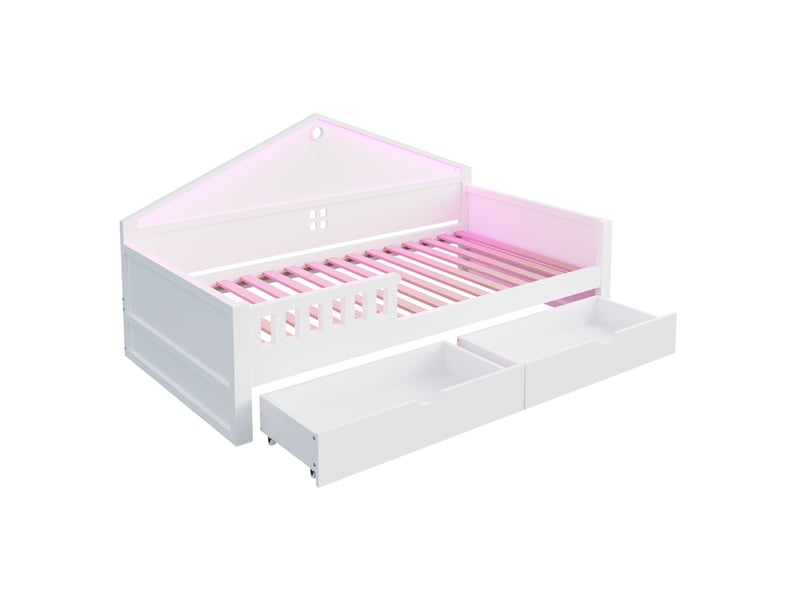 Lit enfant simple 90x200 cm avec 2 tiroirs, bande led pilotée sommier à lattes, bois et mdf blanc sans matelas - Conforama R