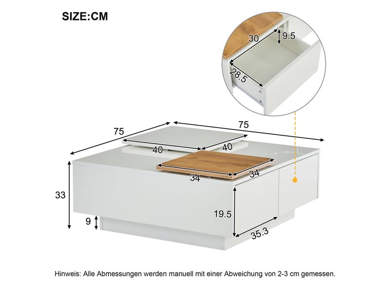  Table basse carrée blanche brillante 75 x 75 cm, 4 tiroirs et plateaux coulissants  - Conforama C