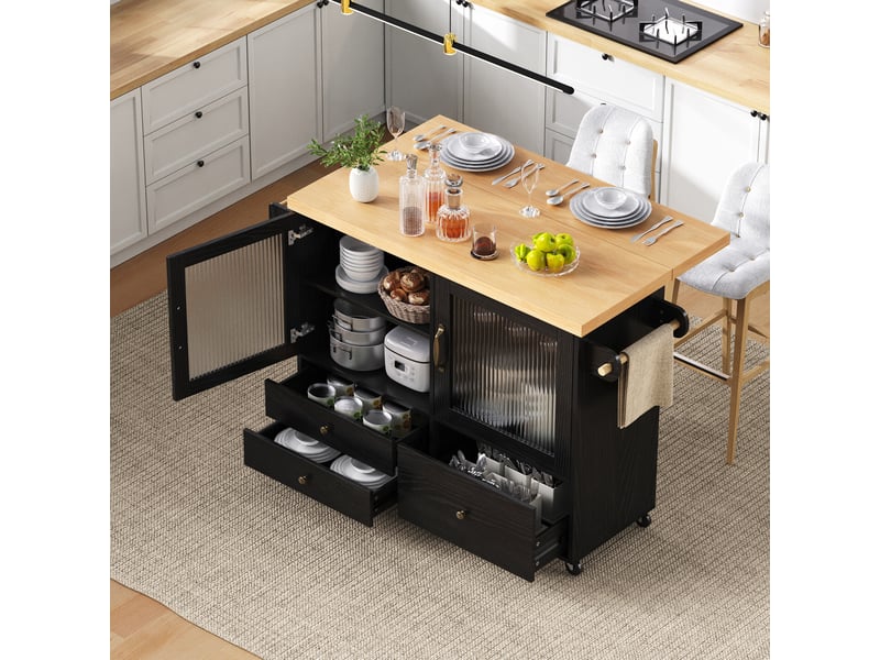  Îlot de cuisine sur roulettes noir avec table à manger extensible, chariot de cuisine avec support pour verres à vin et rangement  - Conforama E