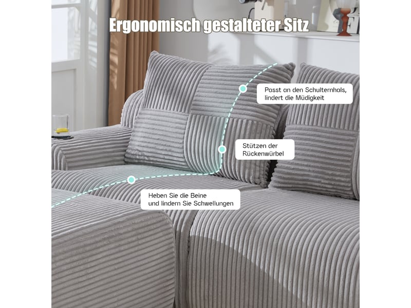  Canapé droit 4 places en velours côtelé gris clair, 333 cm, avec rangement W2845S00266 - Conforama D