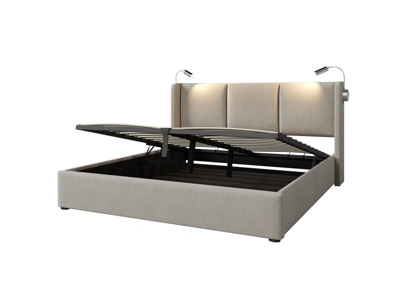  Lit double 140x200 cm avec rangement, liseuse usb, sommier et matelas beige  - Conforama A