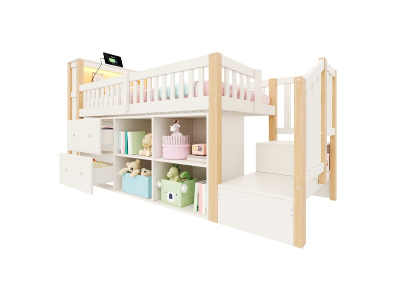  Lit mezzanine  90x200 cm avec rangements et led coloris naturel et blanc  - Conforama A