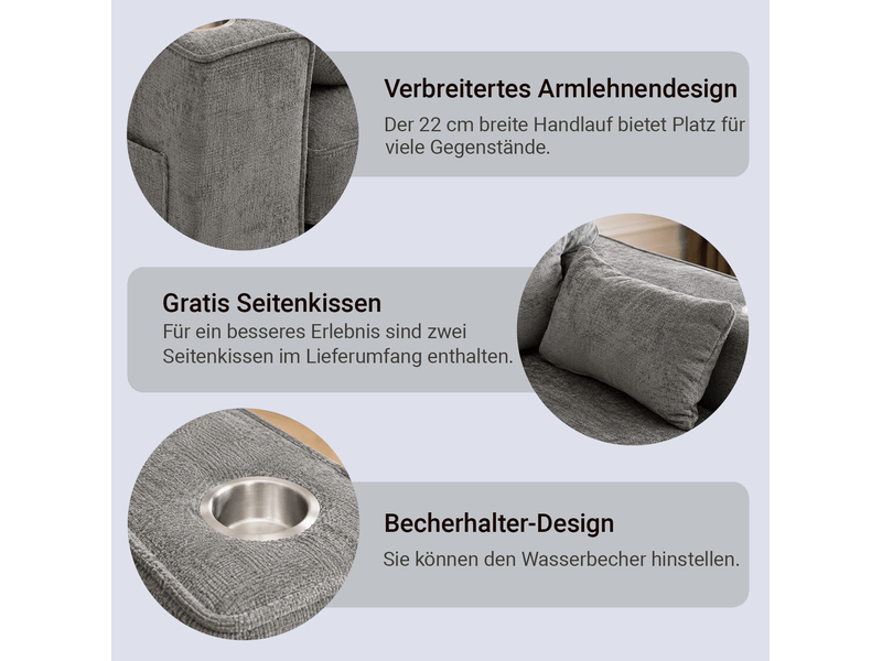  Canapé droit 2 places avec porte-gobelets et poches latérales, assise à ressorts en chenille gris foncé, 182 cm  - Conforama D