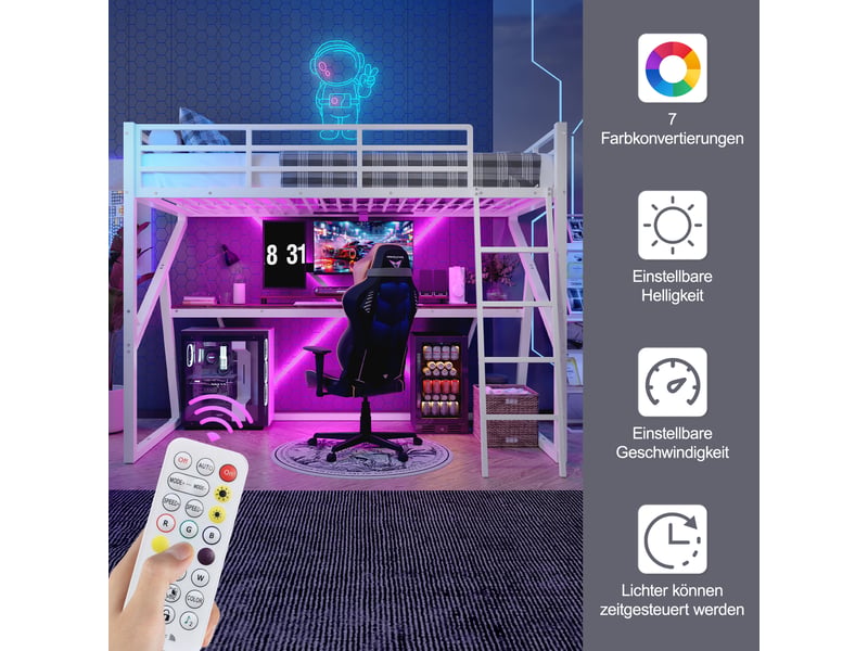 Lit mezzanine enfant 90x200 cm, led, bureau, garde-corps, sommier, métal blanc, sans matelas - Conforama D