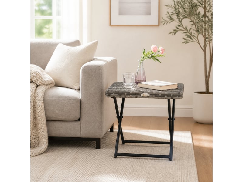 Table basse de jardin pliante avec structure métallique, en résine tressée, pour balcon et terrasse, grise compacte - Conforama C