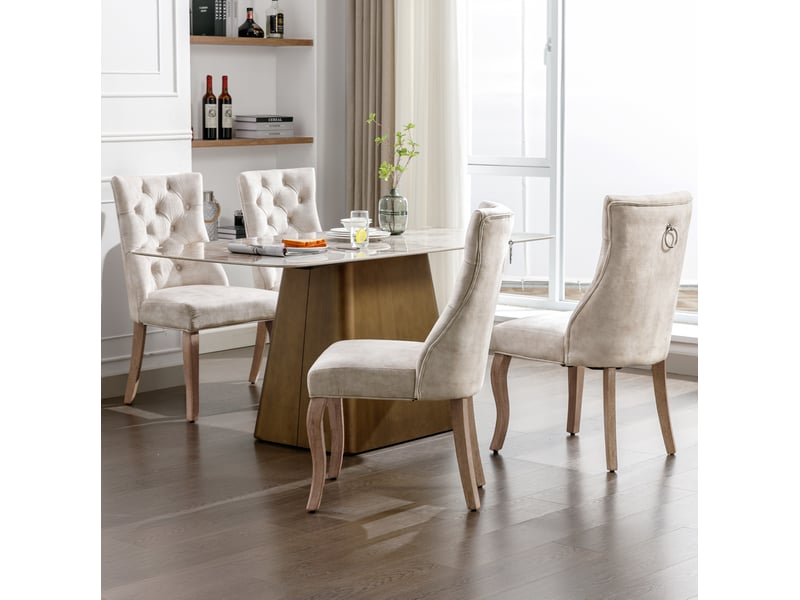  Chaise de salle à manger 4 pcs, dossier haut, matelassage à boutons, pieds en bois, revêtement velours beige  - Conforama E