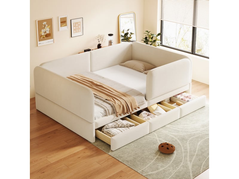 Lit enfant rembourré en velours 140x200 cm, lit double avec barrières périphériques, coins arrondis, tiroir et sommier à lattes, beige - Conforama B
