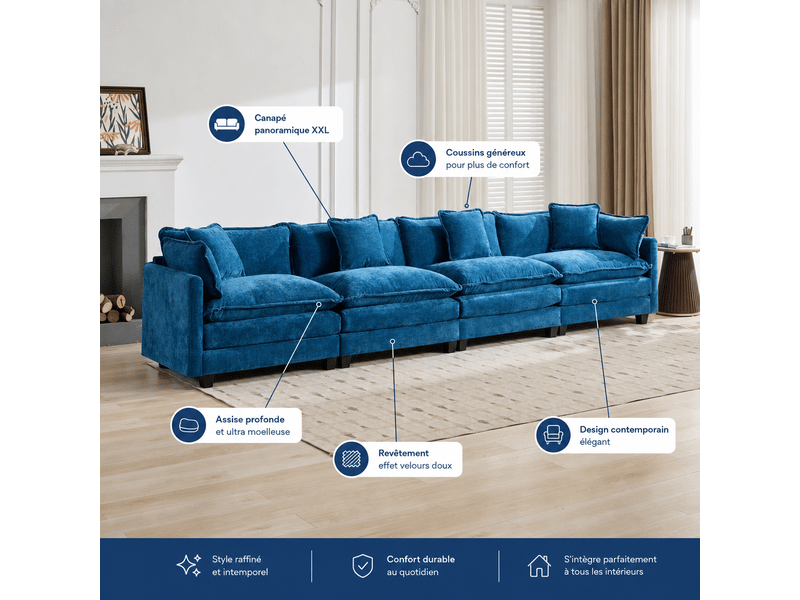  Canapé nuage 4 places moderne en chenille respirante coussins double couche bleu  - Conforama D