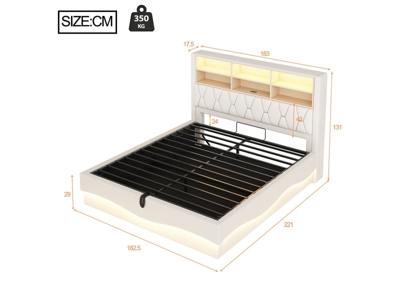  Lit capitonné 180x200, conception multifonction lit double, rangement hydraulique, led multicolore, sommier métal inclus  - Conforama C