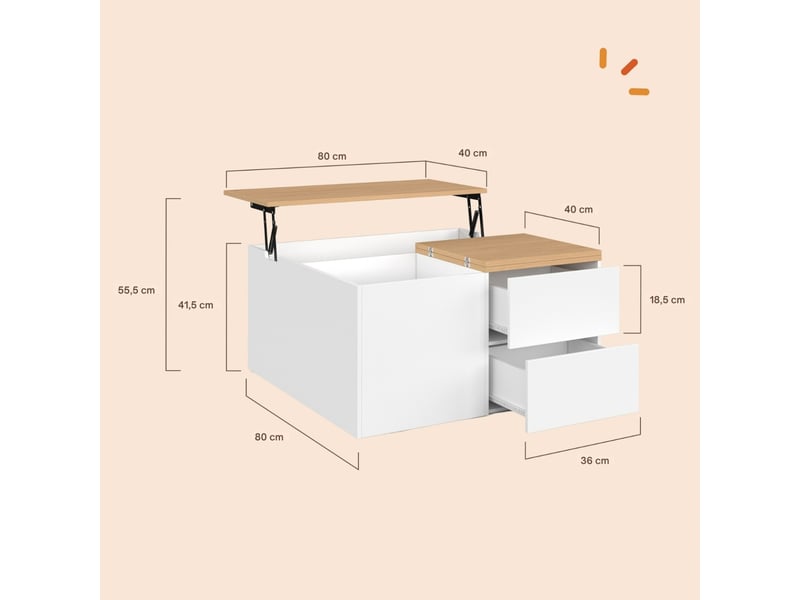Table basse plateau relevable carrée calia 80 cm avec 2 coffres et 2 tiroirs blanc et bois - Conforama D