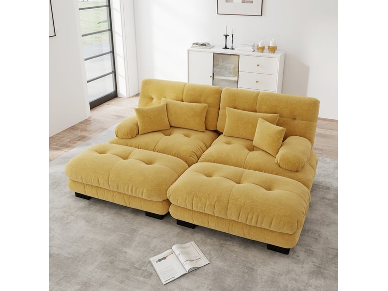  Canapé d'angle ulevr modulable 2 places avec 2 ottomans, chenille jaune, 220 x 145 x 81 cm  - Conforama D