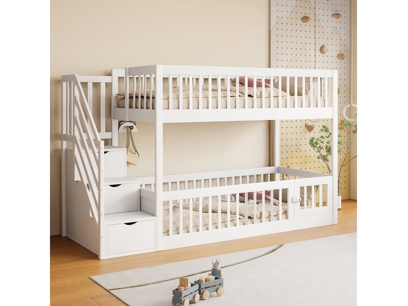  Modenvie lit superposé enfant 90x200 cm - avec escalier à tiroirs, sans matelas - blanc  - Conforama E