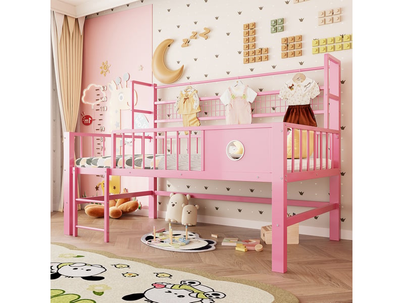  Lit mezzanine 90x200 cm avec rangements et penderie en métal rose  - Conforama B
