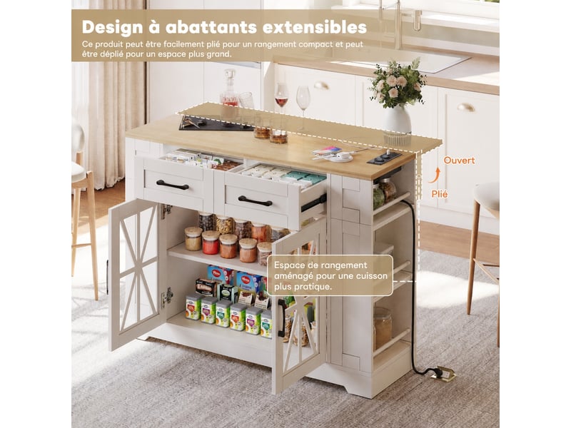 Îlot de cuisine mobile avec table rabattable, prises et rangements, 120 cm, blanc et bois naturel - Conforama C