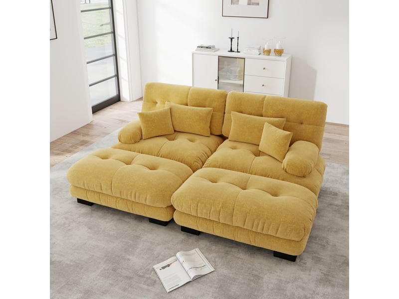  Canapé modulaire en chenille avec assise profonde, coussins lombaires et ottomans, jaune  - Conforama B