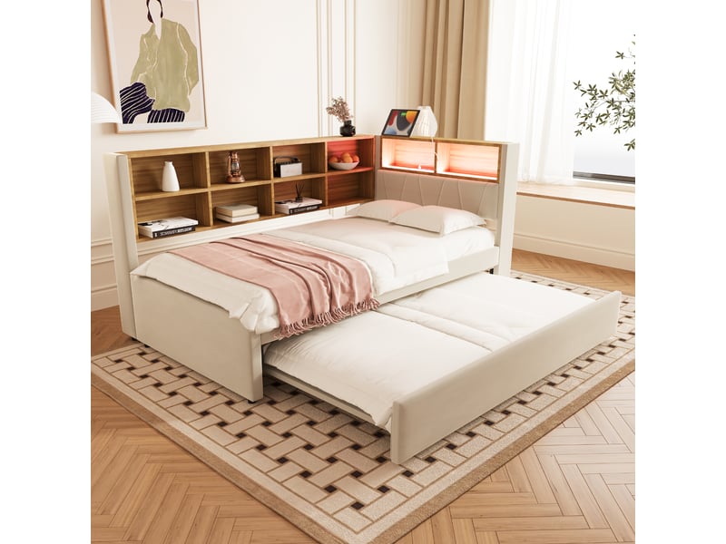  Lit canapé en flanelle beige 90 x 200 cm  - Conforama E
