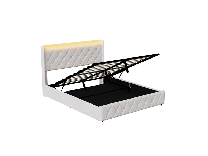  Cadre de lit 160x200 cm avec rangement sous lit à vérin pneumatique, tête de lit rembourrée en velours blanc, éclairage led rgb, ports usb et type-c, lit adulte design moderne  - Conforama R