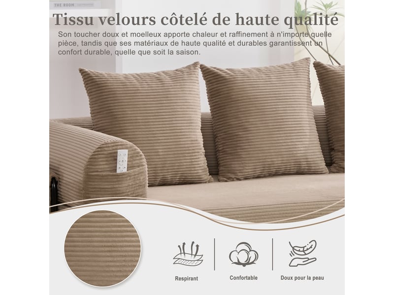 Canapé modulable velours côtelé kaki avec cadre métal et 3 coussins canapé d'angle pour petit espace - Conforama R