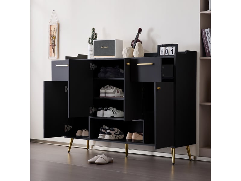  Meuble à chaussures avec 4 portes, 2 tiroirs et 1 niche ouverte, pieds hauts, pour entrée, noir, 130 × 37 × 100 cm  - Conforama C