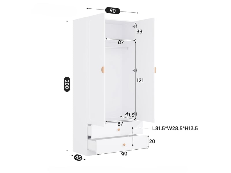  Armoire chambre 90x45x200 cm, penderie à vêtements 2 portes, meuble de rangement avec 2 tiroirs et tringle, en bois mdf et métal, blanc  - Conforama E