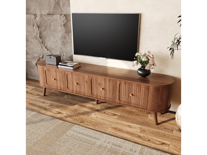  Meuble tv bas 180x38x47cm bords arrondis rangement | style rétro vintage effet noyer et détails dorés | 4 portes charge 60kg - noyer  - Conforama D