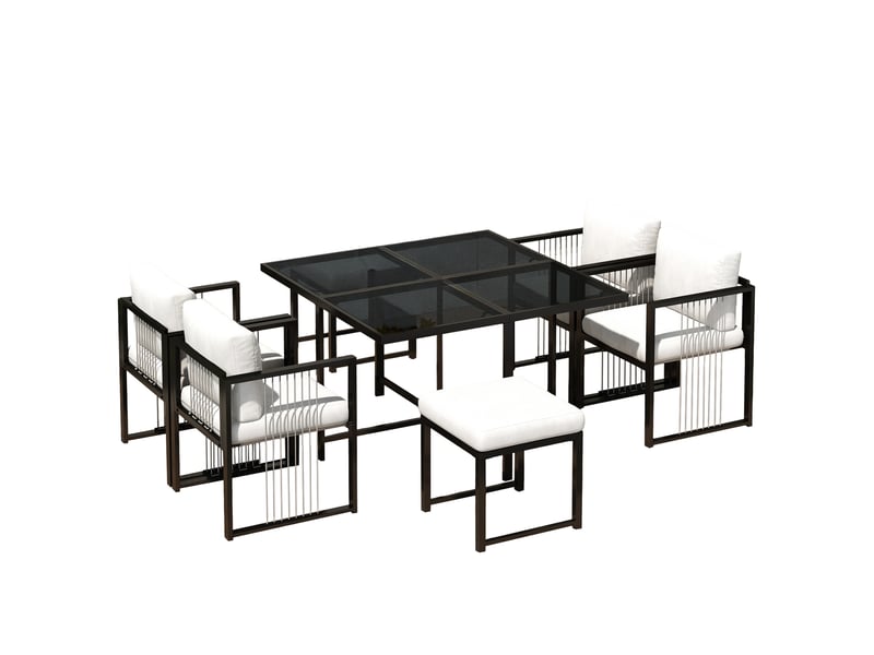  Salon de jardin,117x117 cm,7 pièces pour 6 personnes,métal et coussins,noir et blancs  - Conforama A